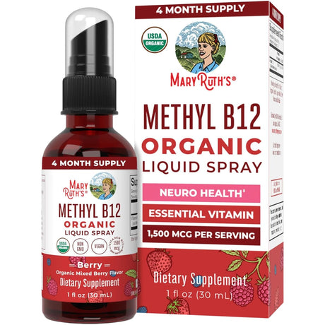 Frasco de suplemento MaryRuth Organics Metil B12 Baya 1500 mcg 30 ml