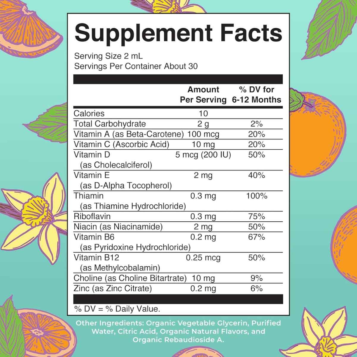 Tabla nutricional del suplemento MaryRuth Organics Multivitamínico para Bebés Naranja Vainilla 60 mL