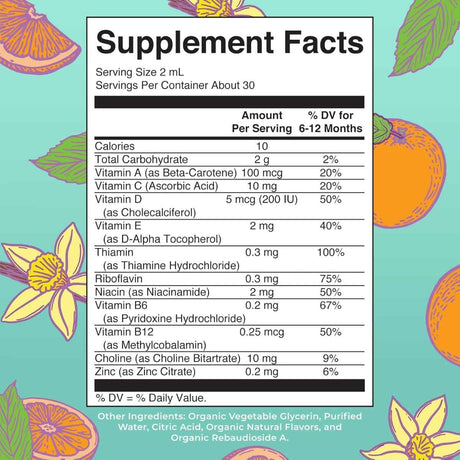 Tabla nutricional del suplemento MaryRuth Organics Multivitamínico para Bebés Naranja Vainilla 60 mL