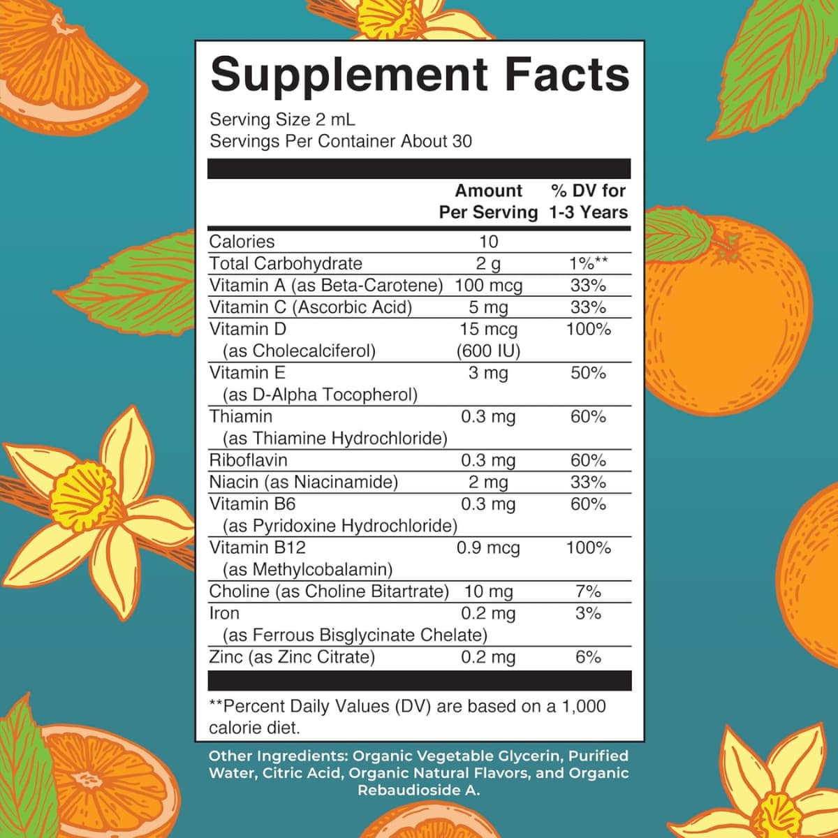 Tabla nutricional del suplemento MaryRuth Organics Multivitamínico con Hierro Niños Pequeños 60 ml