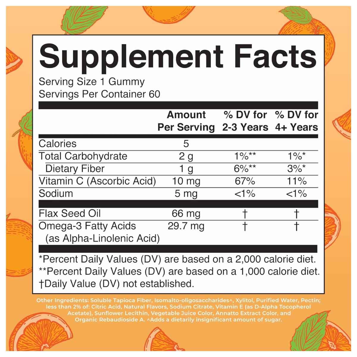 Tabla nutricional del suplemento MaryRuth Organics Omega-3 de Aceite de Linaza 60 gomitas.