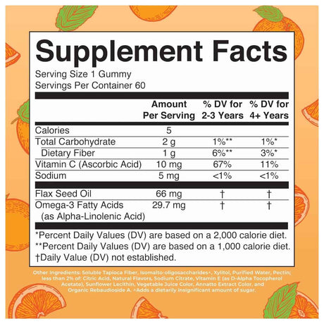 Tabla nutricional del suplemento MaryRuth Organics Omega-3 de Aceite de Linaza 60 gomitas.