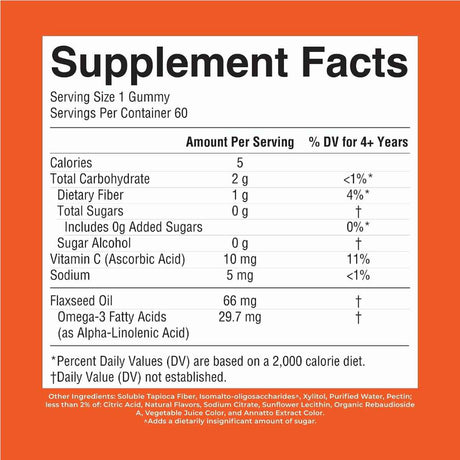 Frasco de MaryRuth’s Kids Omega-3 Gummies sabor naranja junto a información visual del producto