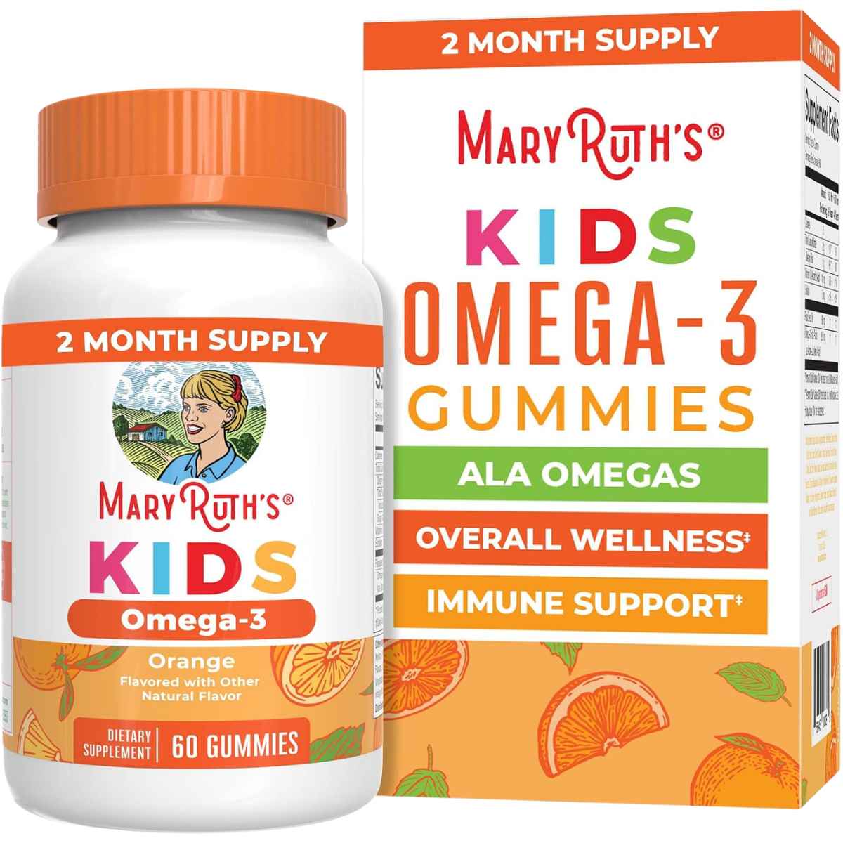 Frasco de MaryRuth’s Kids Omega-3 Gummies junto a información visual de ingredientes y atributos del producto