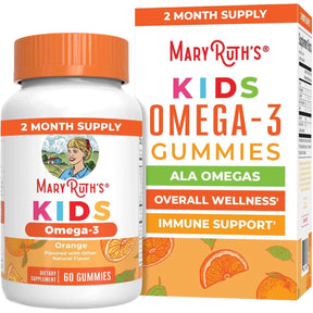 Frasco de MaryRuth’s Kids Omega-3 Gummies junto a información visual de ingredientes y atributos del producto