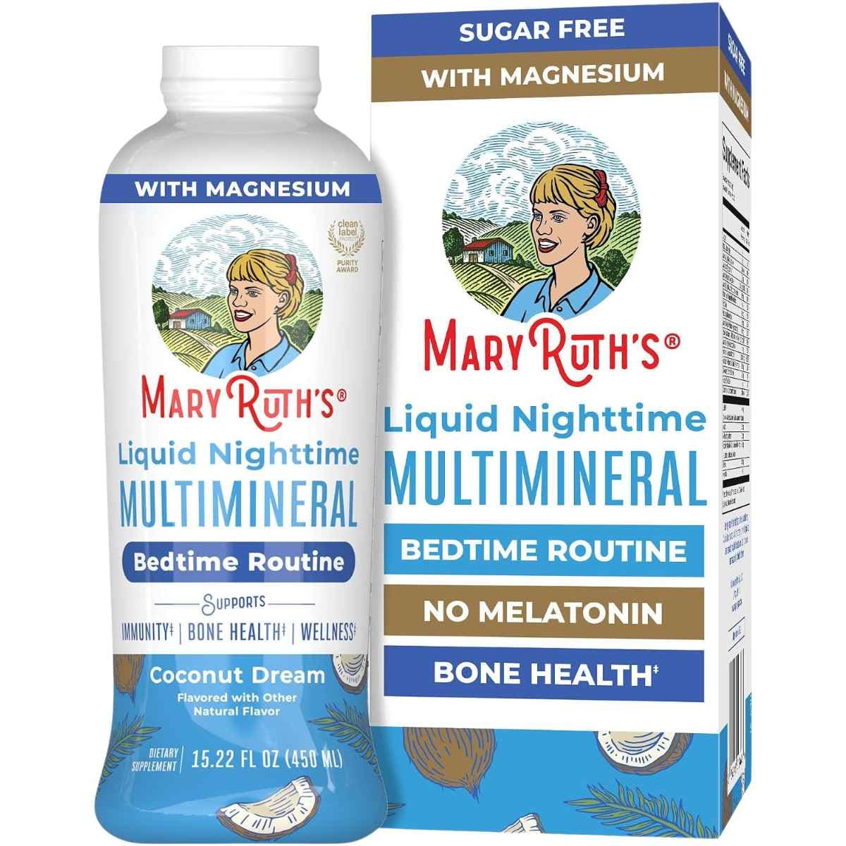 MaryRuth's Liquid Nighttime Multimineral Coconut Dream, frasco y caja de 450 mL