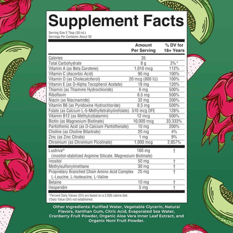 Tabla nutricional del suplemento MaryRuth's Multivitamínico Líquido de Mañana sabor Fruta del Dragón Melón 30 fl oz