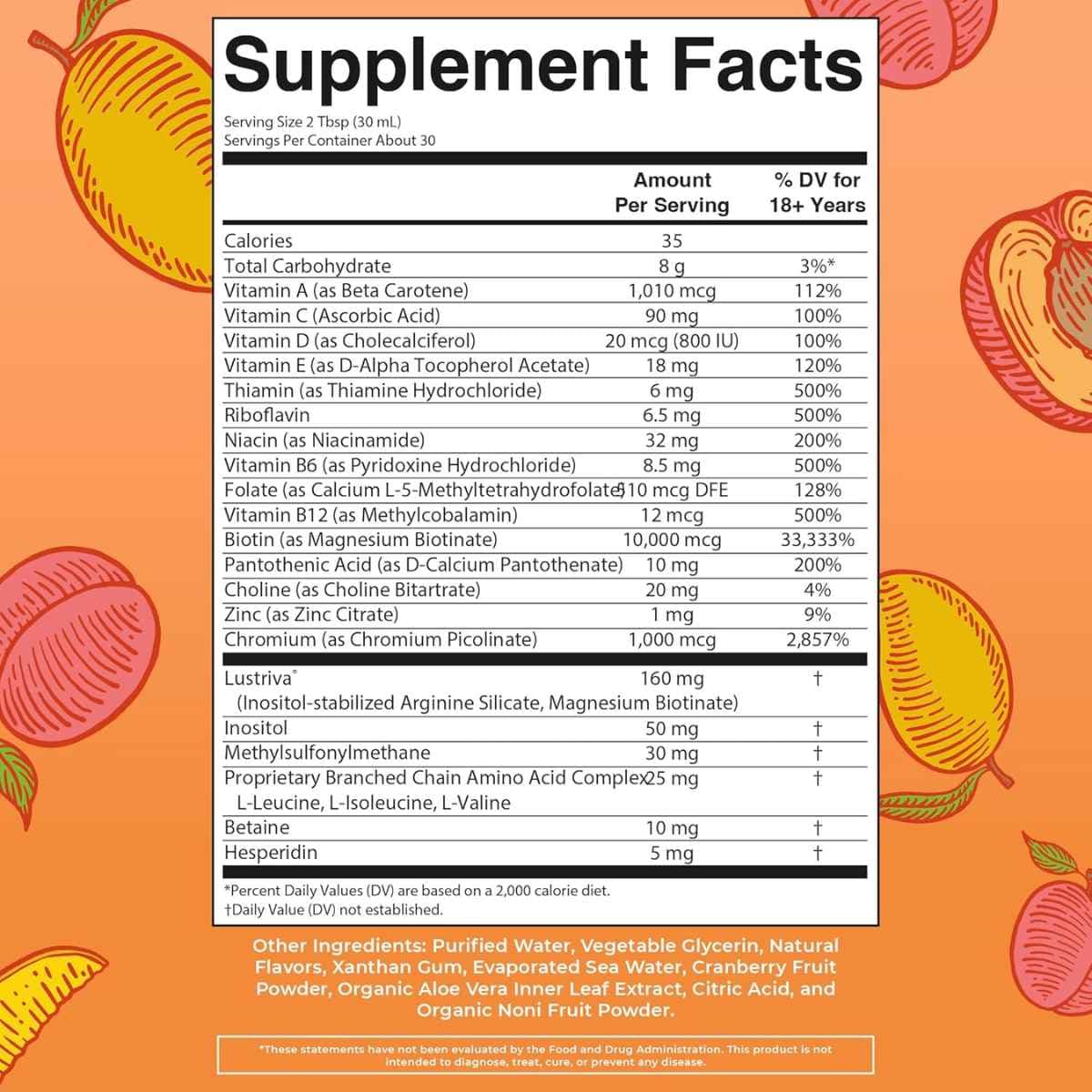 Tabla nutricional del suplemento MaryRuth's Multivitamínico Líquido de Mañana sabor Mango Durazno 30 fl oz