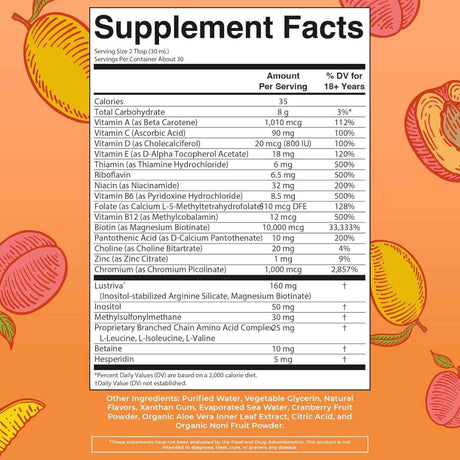 Tabla nutricional del suplemento MaryRuth's Multivitamínico Líquido de Mañana sabor Mango Durazno 30 fl oz