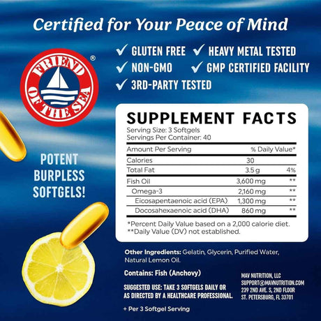 Tabla nutricional del suplemento MAV Nutrition Aceite de Pescado Omega-3 Triple Concentración 120 cápsulas blandas