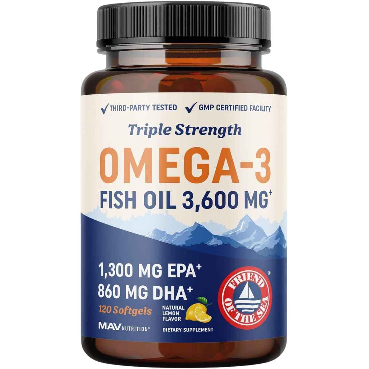 Frasco de suplemento MAV Nutrition Aceite de Pescado Omega-3 Triple Concentración 120 cápsulas blandas