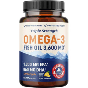 Frasco de suplemento MAV Nutrition Aceite de Pescado Omega-3 Triple Concentración 120 cápsulas blandas