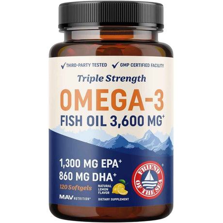 Frasco de suplemento MAV Nutrition Aceite de Pescado Omega-3 Triple Concentración 120 cápsulas blandas