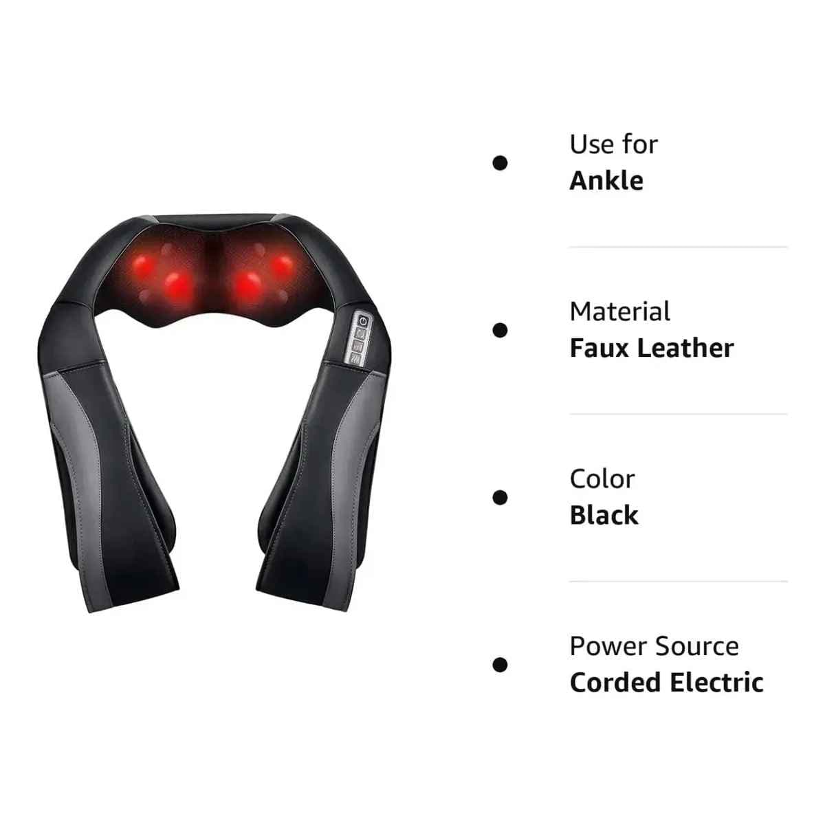 Características del masajeador MaxKare negro con material de cuero sintético y alimentación eléctrica con cable.