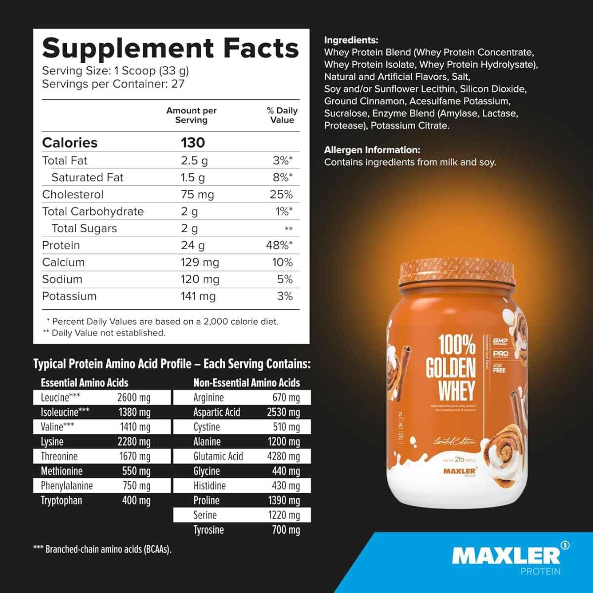 Información nutricional de Maxler 100% Golden Whey proteína de suero en polvo, sabor canela