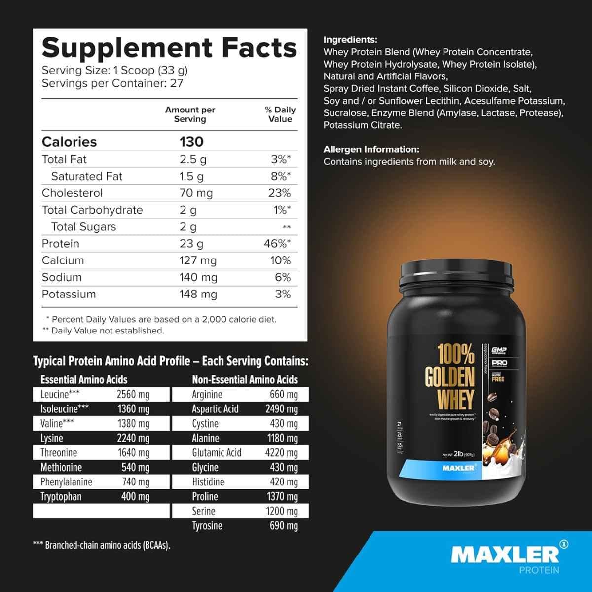 Información nutricional de Maxler 100% Golden Whey proteína de suero en polvo, sabor capuchino