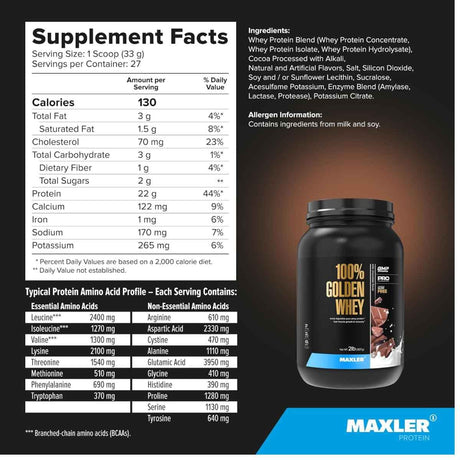 Información nutricional de Maxler 100% Golden Whey proteína de suero en polvo, sabor chocolate con leche