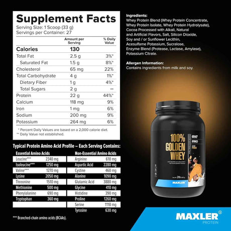 Información nutricional de Maxler 100% Golden Whey proteína de suero en polvo, sabor chocolate con mantequilla de maní