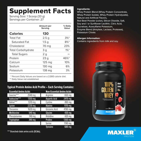 Información nutricional de Maxler 100% Golden Whey proteína de suero en polvo, sabor crema de fresa