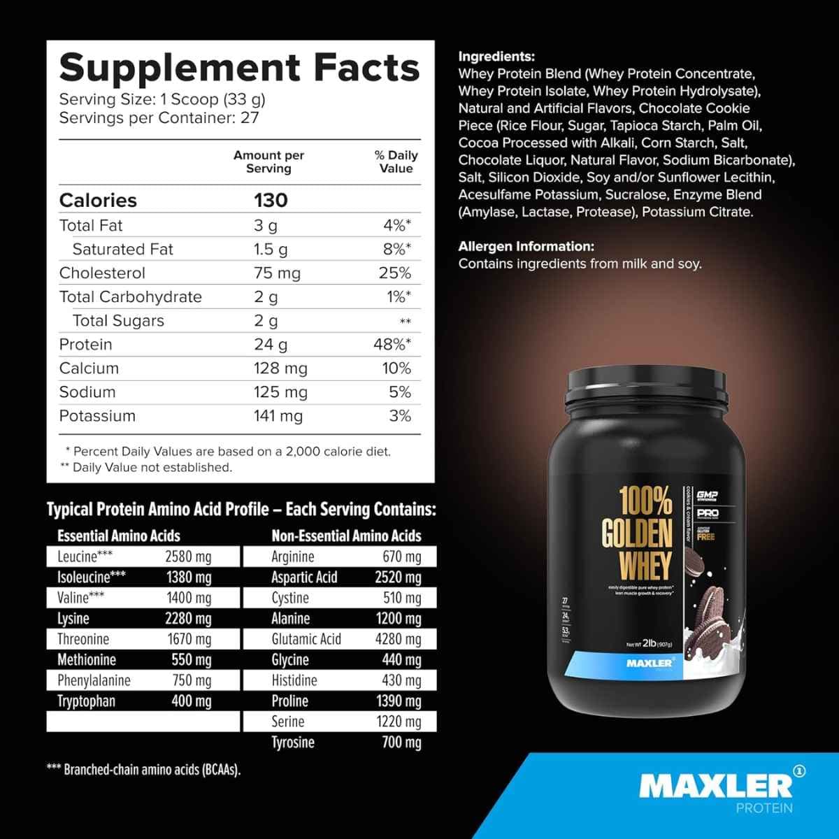 Información nutricional de Maxler 100% Golden Whey proteína de suero en polvo, sabor galletas y crema
