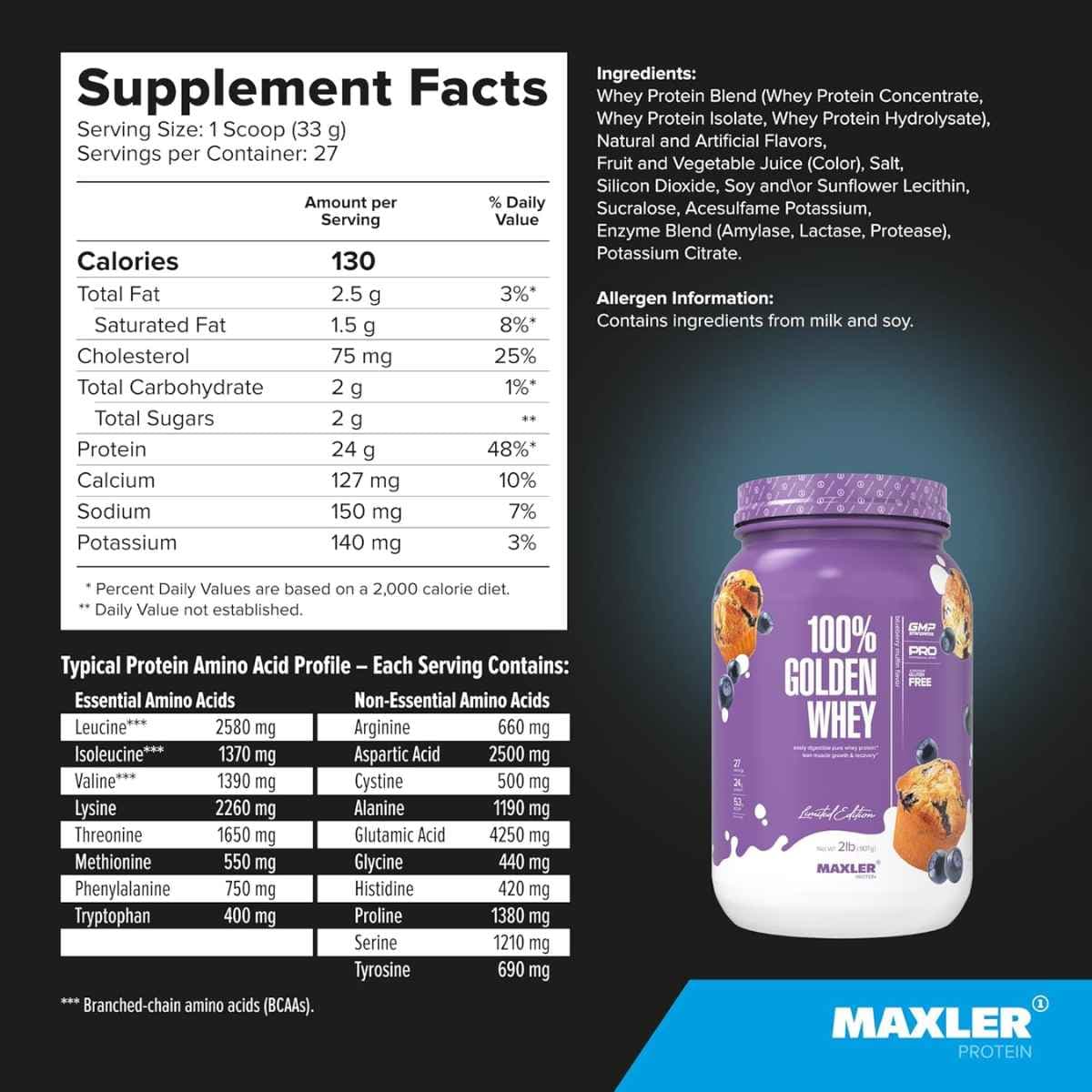 Información nutricional de Maxler 100% Golden Whey proteína de suero en polvo, sabor muffin de arándanos