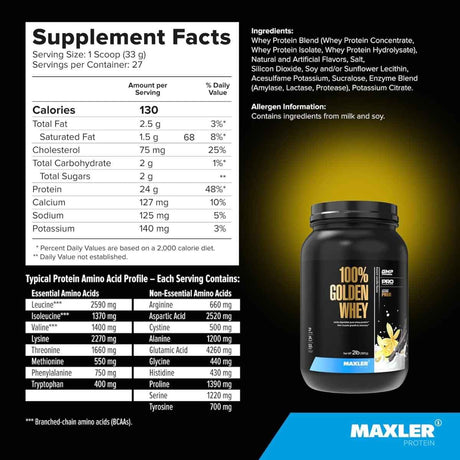 Información nutricional de Maxler 100% Golden Whey proteína de suero en polvo, sabor vainilla francesa