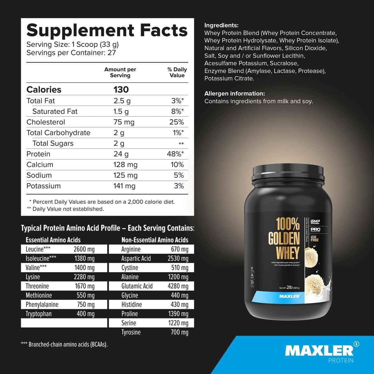 Información nutricional de Maxler 100% Golden Whey proteína de suero en polvo, sabor vainilla