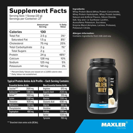 Información nutricional de Maxler 100% Golden Whey proteína de suero en polvo, sabor vainilla