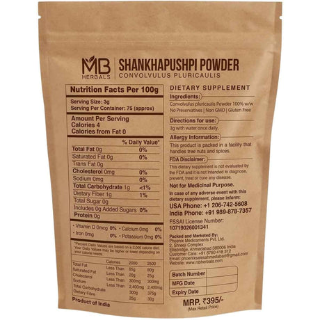 Tabla nutricional del suplemento MB Herbals Shankhpushpi 227 g Polvo