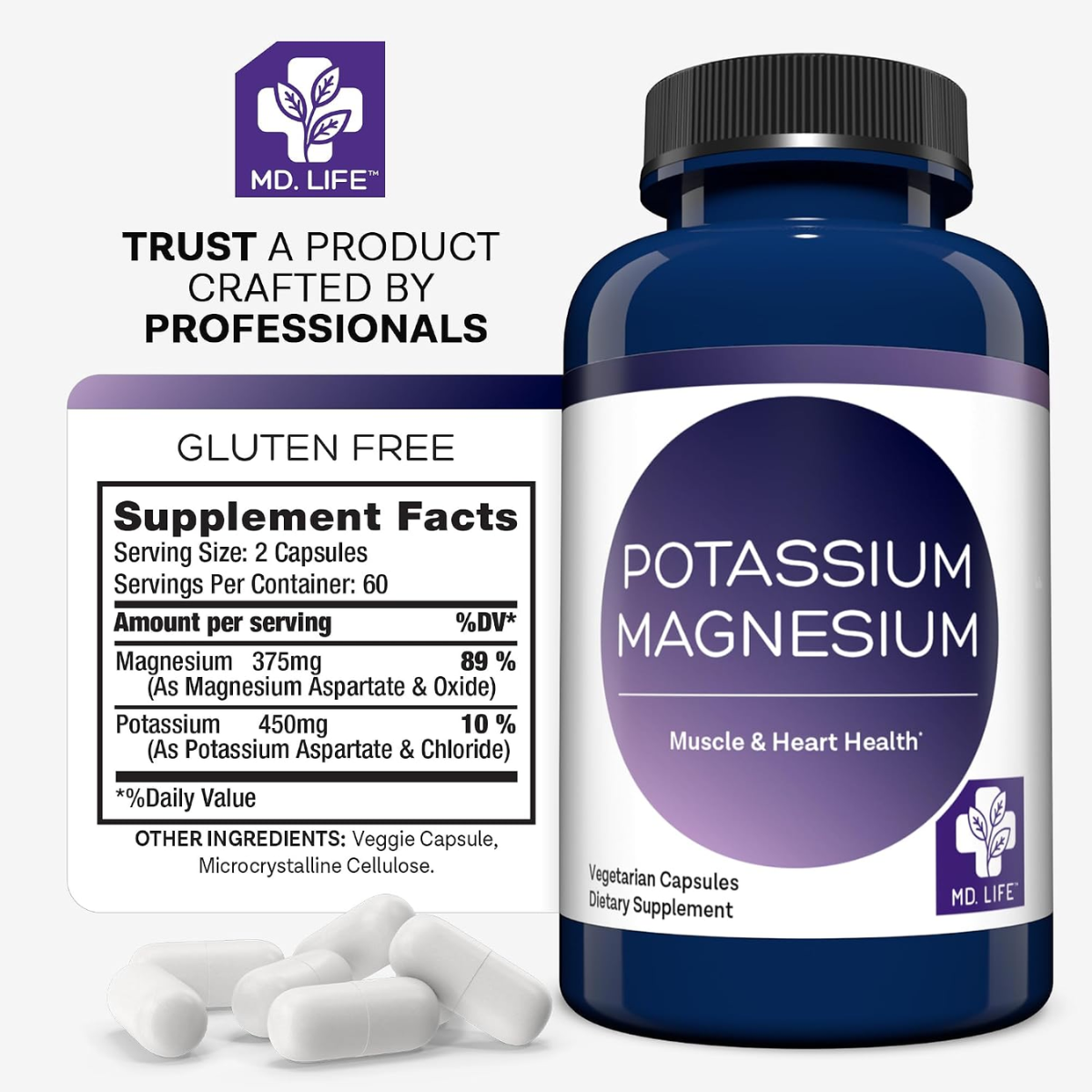 Información del suplemento de MD. LIFE magnesio y potasio para la presentación de 120 cápsulas