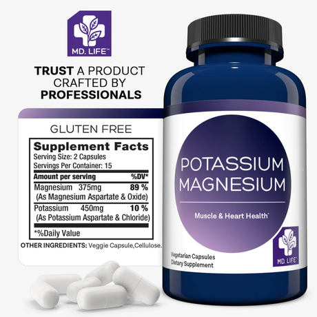 Información del suplemento de MD. LIFE magnesio y potasio para la presentación de 30 cápsulas