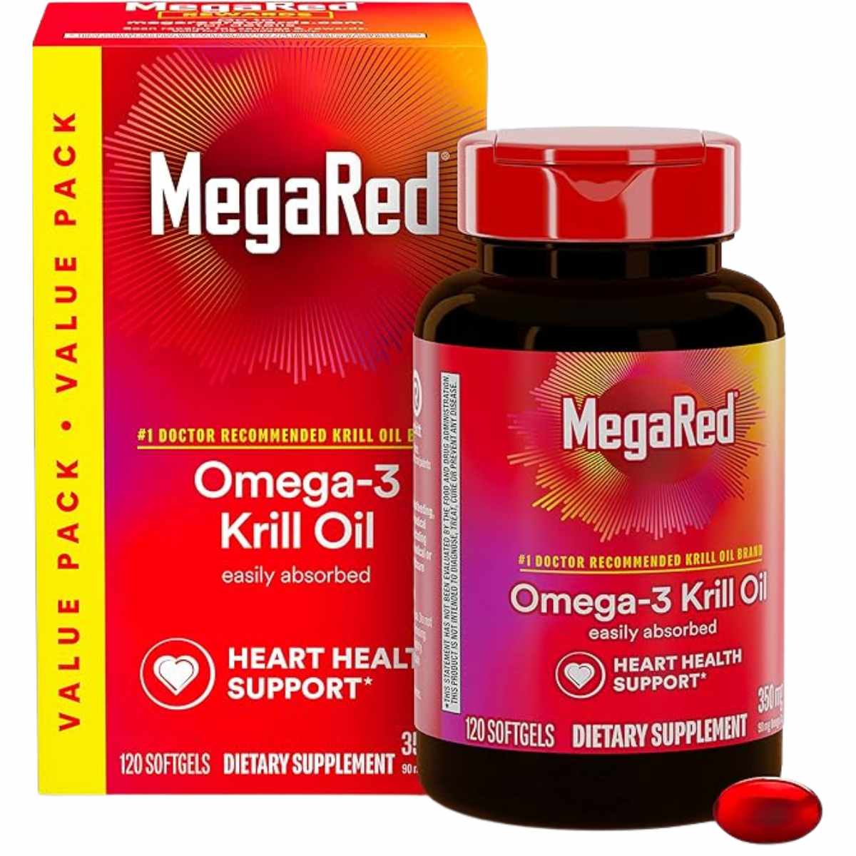 Frasco y caja de MegaRed aceite de krill Omega 3 350 mg, presentación de 120 cápsulas blandas