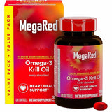 Frasco y caja de MegaRed aceite de krill Omega 3 350 mg, presentación de 120 cápsulas blandas