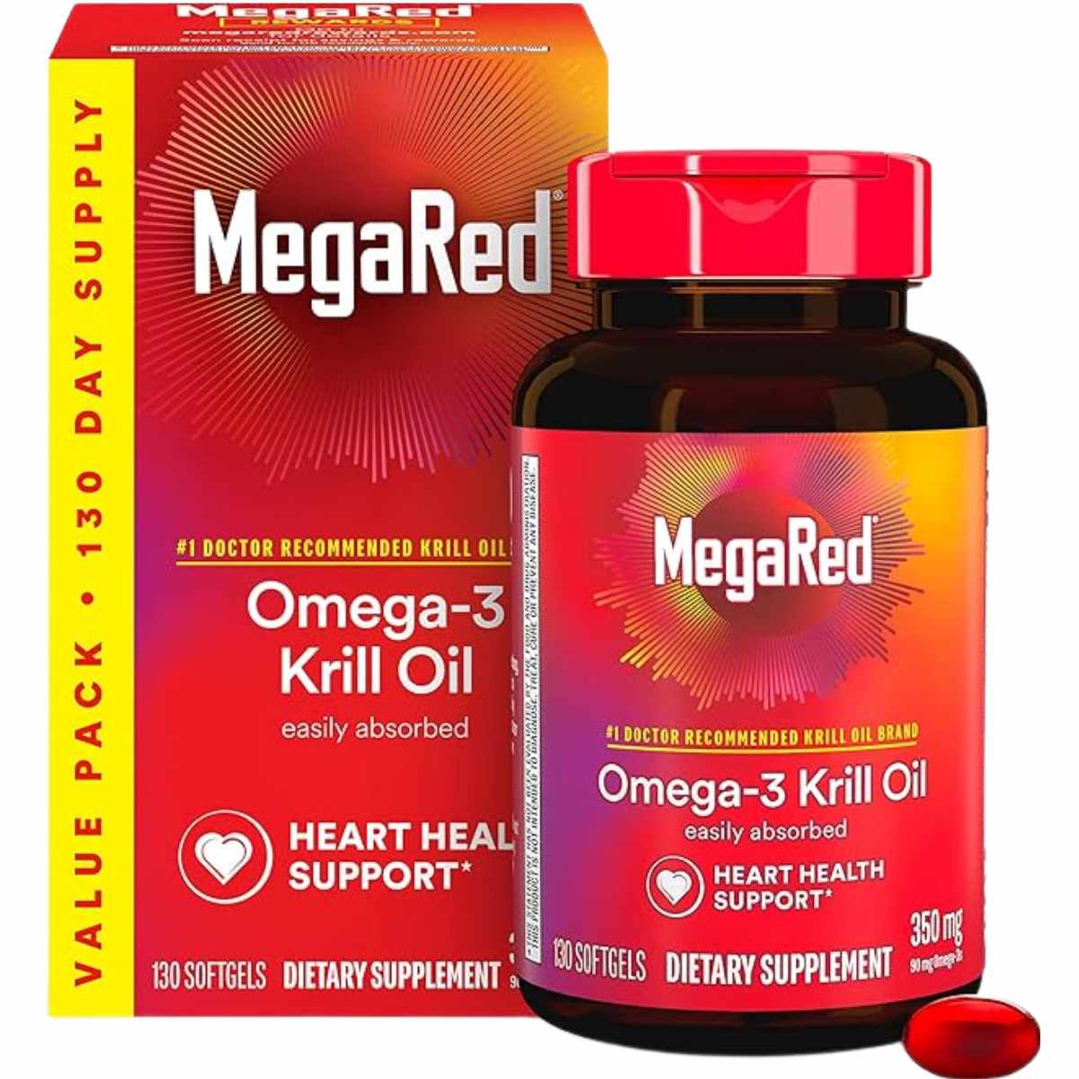Frasco y caja de MegaRed aceite de krill Omega 3 350 mg, presentación de 130 cápsulas blandas