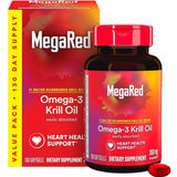 Frasco y caja de MegaRed aceite de krill Omega 3 350 mg, presentación de 130 cápsulas blandas
