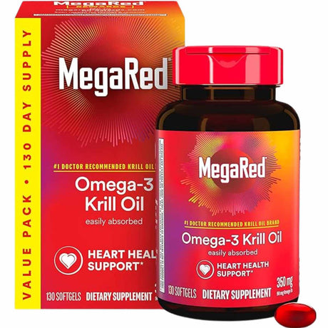 Frasco y caja de MegaRed aceite de krill Omega 3 350 mg, presentación de 130 cápsulas blandas