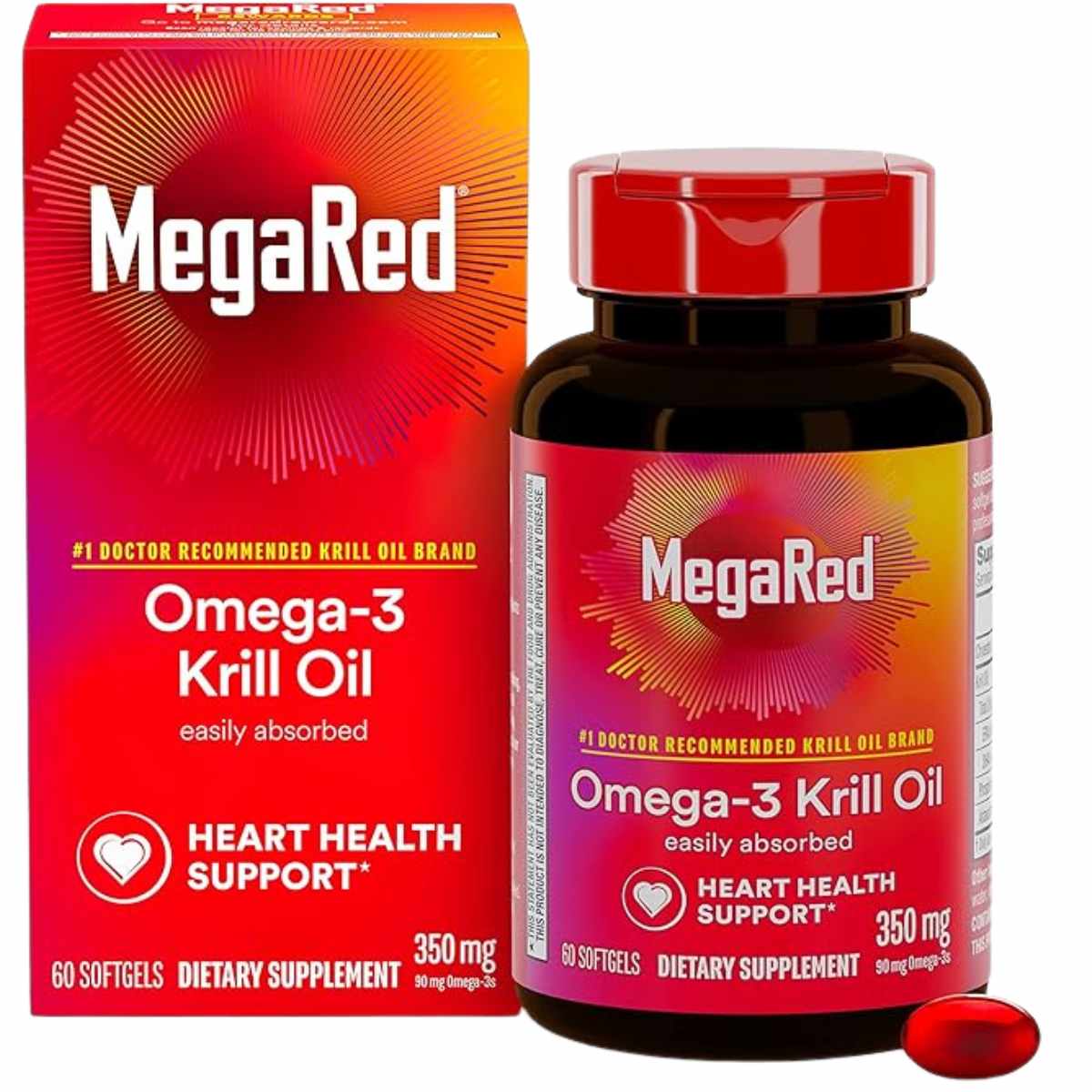 Frasco y caja de MegaRed aceite de krill Omega 3 350 mg, presentación de 60 cápsulas blandas