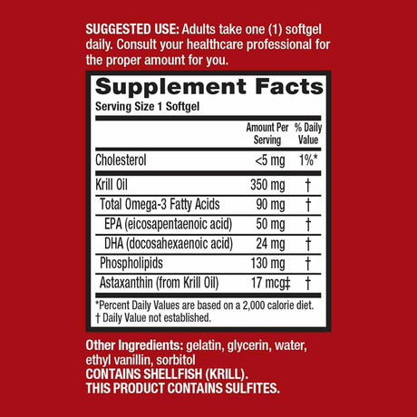 Etiqueta de suplemento de MegaRed aceite de krill Omega 3 con información por cápsula blanda