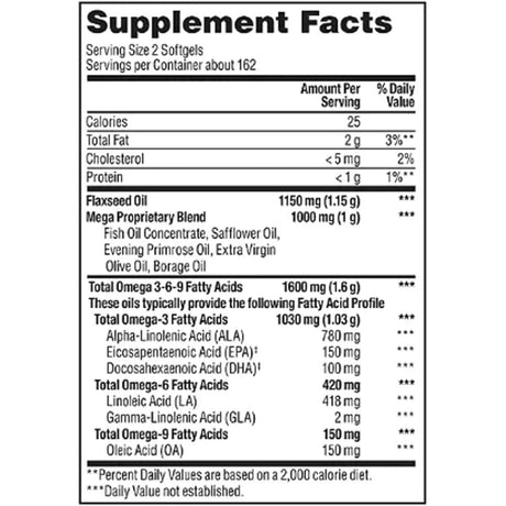 Tabla nutricional del suplemento Member's Mark Omega 3-6-9 Completo 325 cápsulas blandas