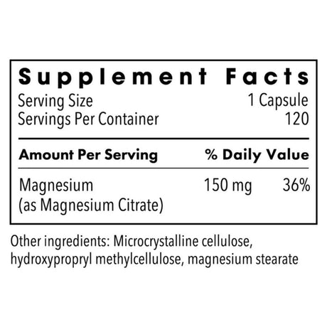 Etiqueta del suplemento Metabolic Maintenance Magnesium Citrate, 120 cápsulas