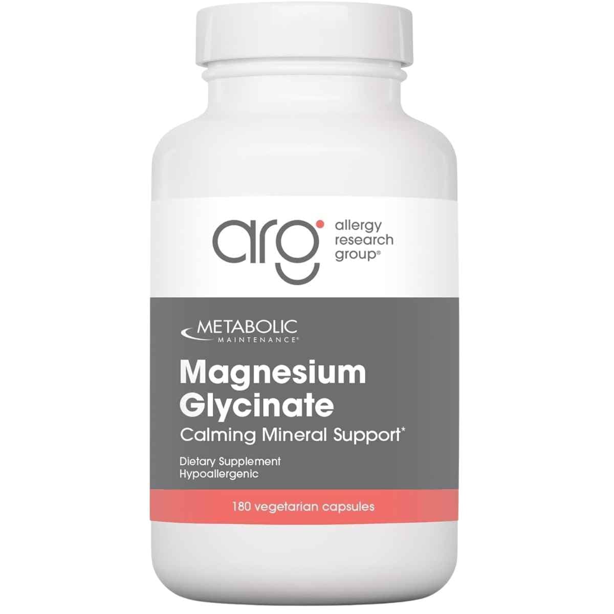 Frasco de Metabolic Maintenance glicinato de magnesio 125 mg con 180 cápsulas vegetarianas