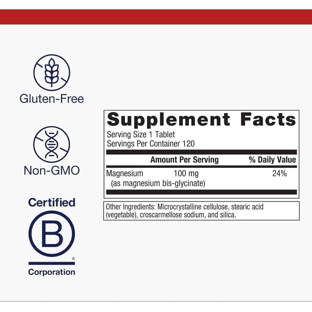 Etiqueta de suplemento de Metagenics Glicinato de Magnesio 100 mg en presentación de 120 tabletas
