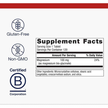 Etiqueta de suplemento de Metagenics Glicinato de Magnesio 100 mg en presentación de 120 tabletas