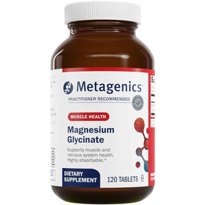 Frasco frontal de Metagenics Glicinato de Magnesio 100 mg en presentación de 120 tabletas