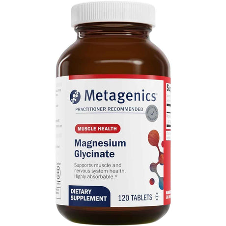 Frasco frontal de Metagenics Glicinato de Magnesio 100 mg en presentación de 120 tabletas