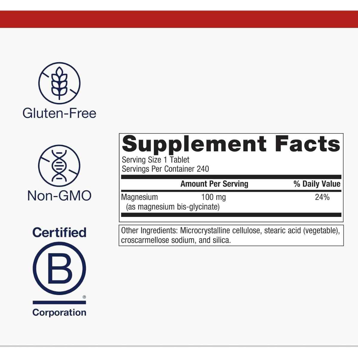 Etiqueta de suplemento de Metagenics Glicinato de Magnesio 100 mg en presentación de 240 tabletas