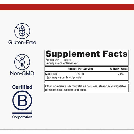 Etiqueta de suplemento de Metagenics Glicinato de Magnesio 100 mg en presentación de 240 tabletas