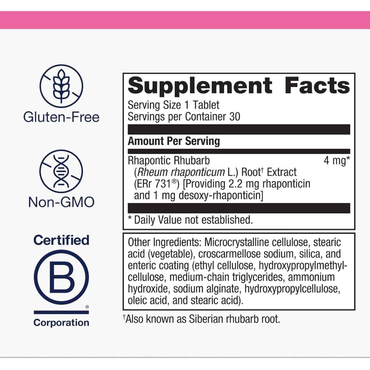 Tabla nutricional del suplemento Metagenics HerWellness Estrovera 30 tabletas
