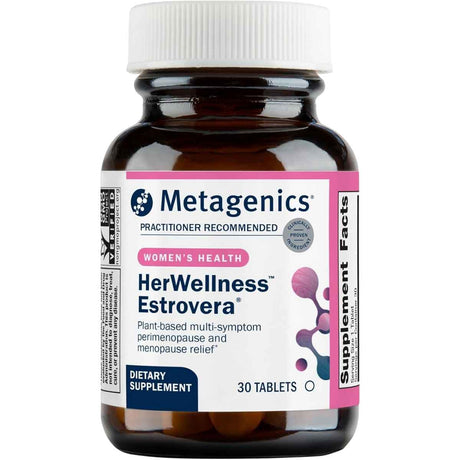 Frasco de suplemento Metagenics HerWellness Estrovera 30 tabletas