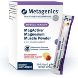Caja y sobre de Metagenics MagActive magnesio en polvo sabor fresa limonada de 30 sobres